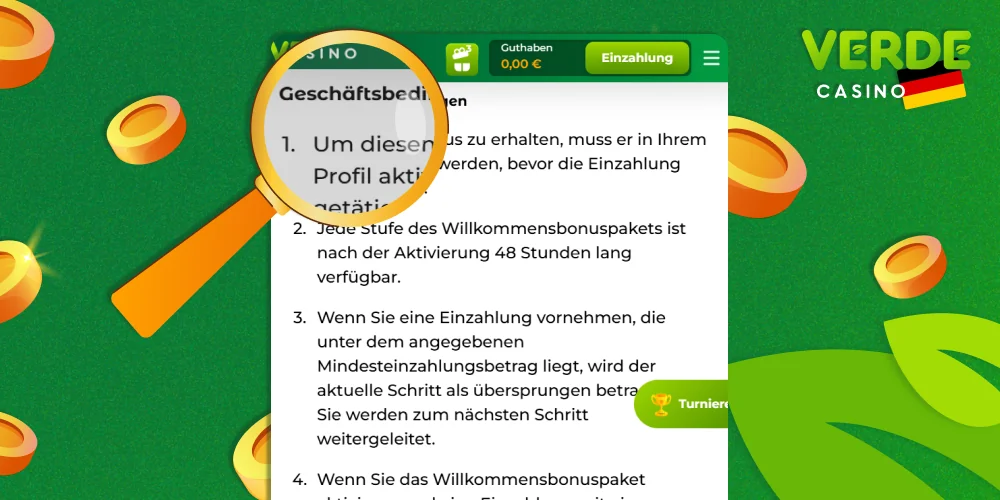 Lesen Sie die Regeln zum gewählten Bonus