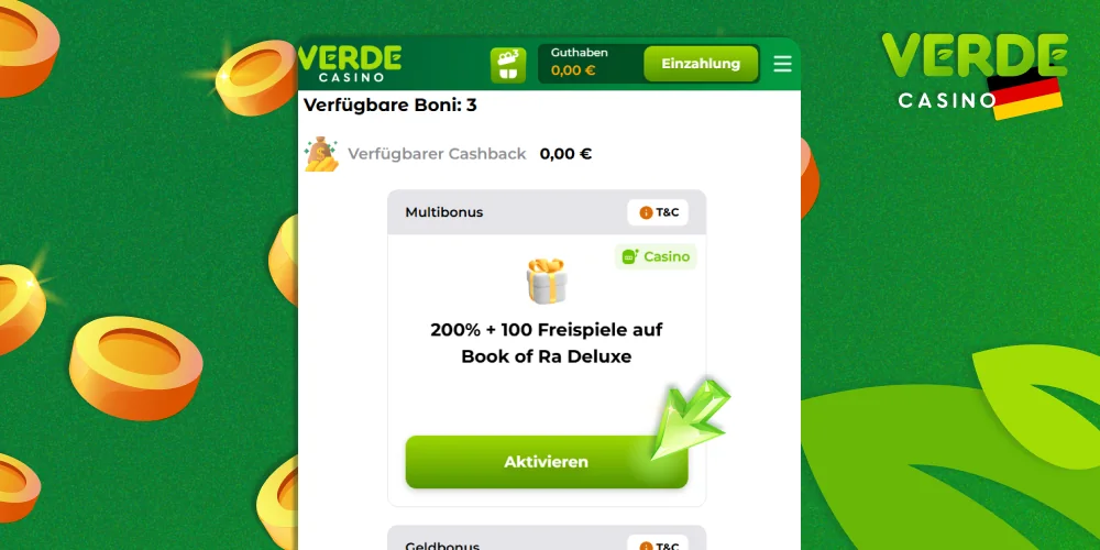 Aktivieren Sie den Bonus im Verde Casino