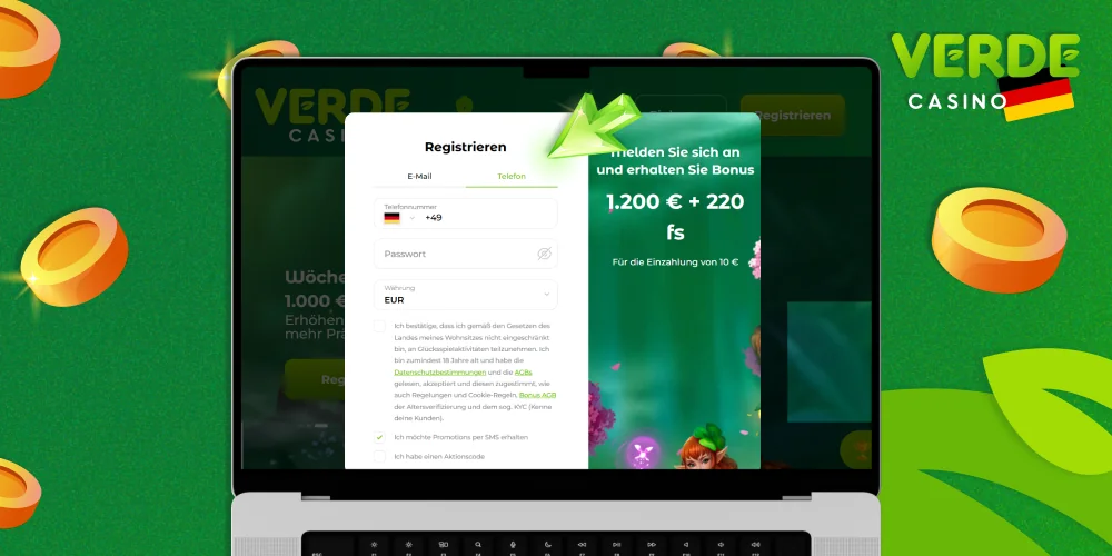 Wählen Sie die Art der Registrierung bei Verde Casino